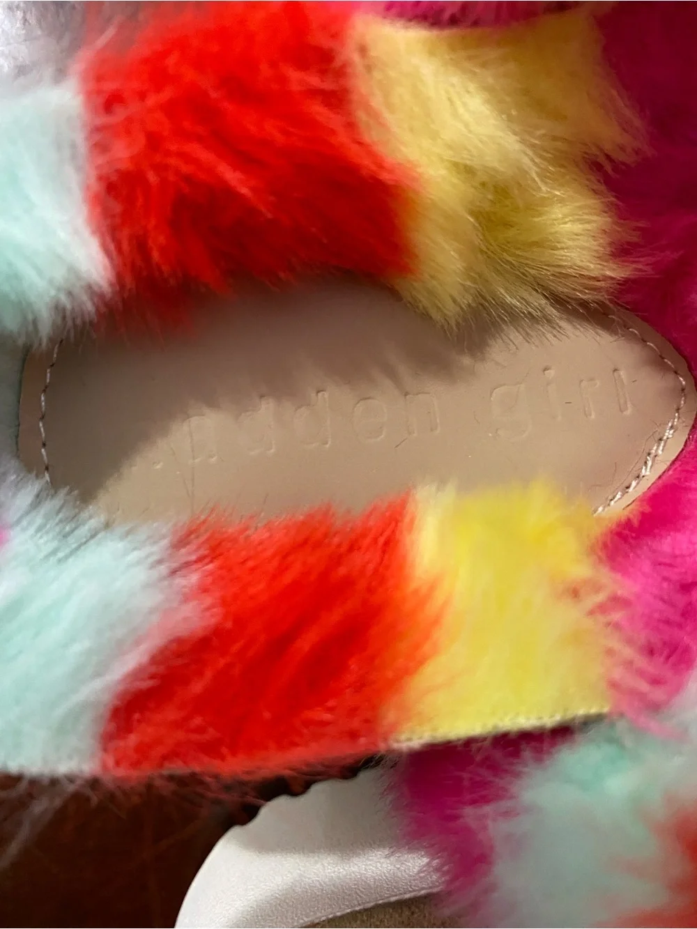 Madden Girl Multicolor Faux Fur Platform Slide Sandals